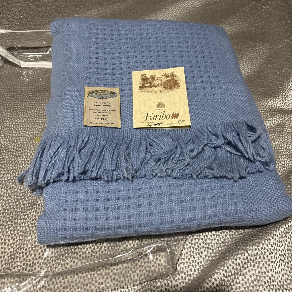 New Vtg Faribo 100% Wool Fringe Waffle Weave Blanket Throw Faribault Mill 66x48